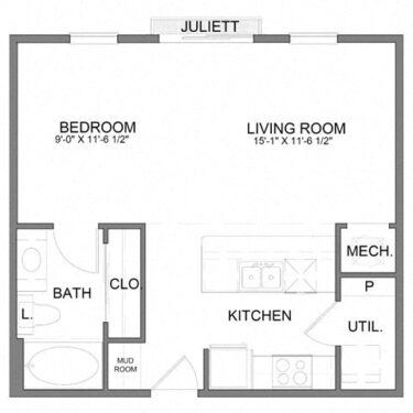 Rendering of the HHS1 floor plan with 1 bedroom[s] and 1 bathroom[s] at Hudson at Austin Ranch