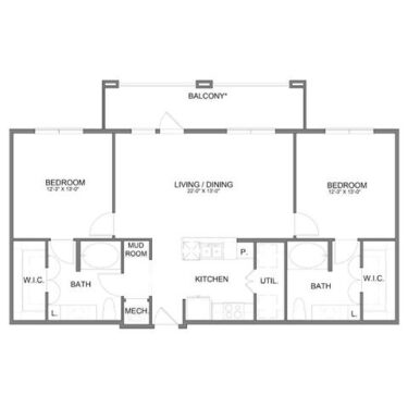 Rendering of the B3 floor plan with 2 bedroom[s] and 2 bathroom[s] at Hudson at Austin Ranch