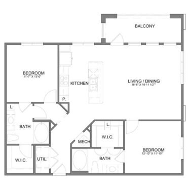 Rendering of the B2.1 floor plan with 2 bedroom[s] and 2 bathroom[s] at Hudson at Austin Ranch
