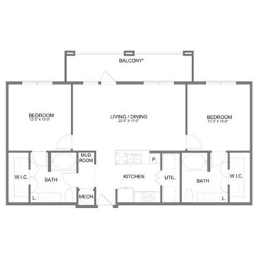 Rendering of the B3 floor plan with 2 bedroom[s] and 2 bathroom[s] at Hudson at Austin Ranch