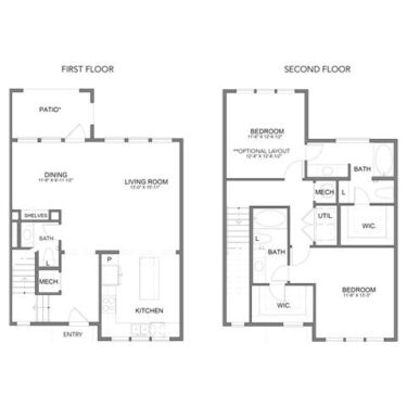 Rendering of the THB1 floor plan with 2 bedroom[s] and 2 bathroom[s] at Hudson at Austin Ranch