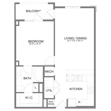 Rendering of the HHA7 floor plan with 1 bedroom[s] and 1 bathroom[s] at Hudson at Austin Ranch