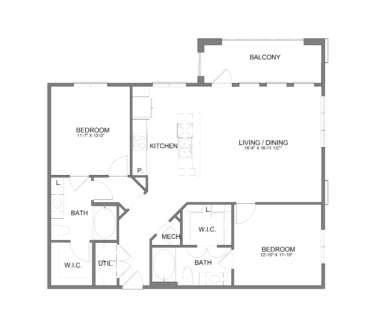 Rendering of the B2.2 floor plan with 2 bedroom[s] and 2 bathroom[s] at Hudson at Austin Ranch