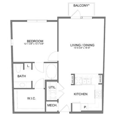 Rendering of the A6.2 floor plan with 1 bedroom[s] and 1 bathroom[s] at Hudson at Austin Ranch