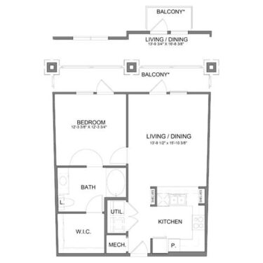 Rendering of the A6.1 floor plan with 1 bedroom[s] and 1 bathroom[s] at Hudson at Austin Ranch
