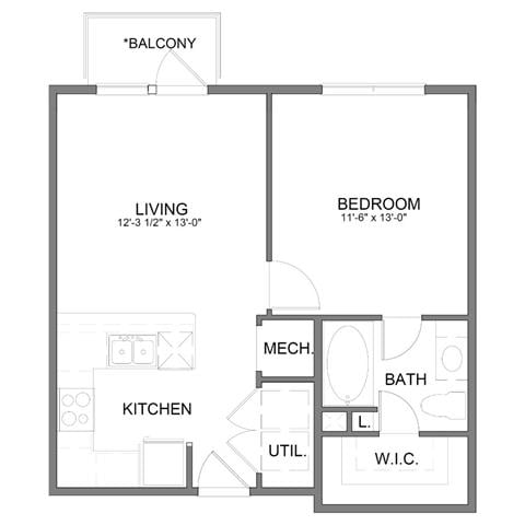 Rendering of the A1 floor plan with 1 bedroom[s] and 1 bathroom[s] at Hudson at Austin Ranch