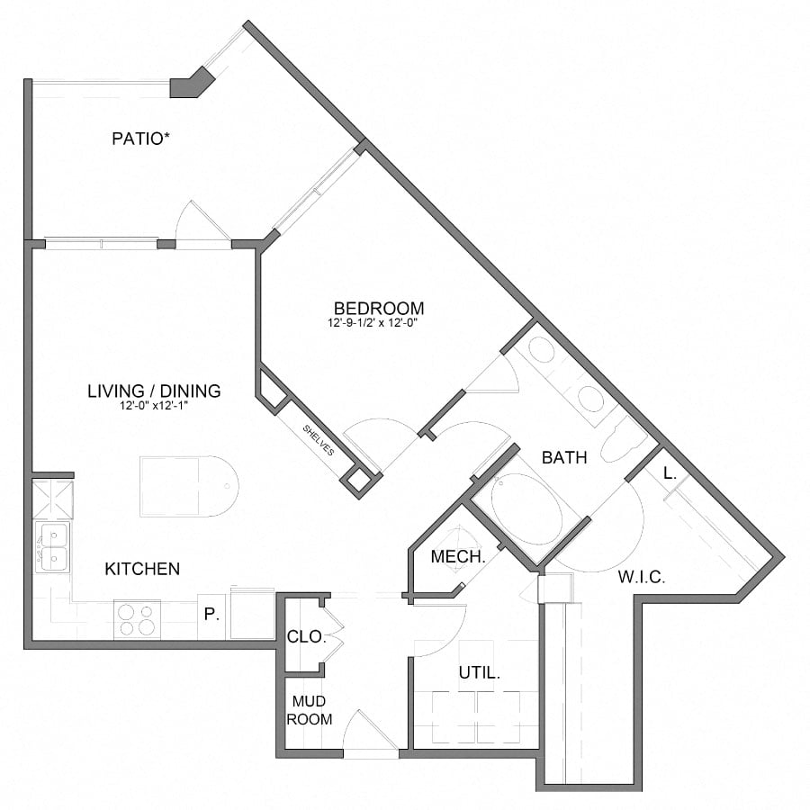 Rendering of the HHA9.3 floor plan with 1 bedroom[s] and 1 bathroom[s] at Hudson at Austin Ranch