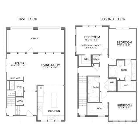 Rendering of the THC2.1 floor plan with 3 bedroom[s] and 2 bathroom[s] at Hudson at Austin Ranch