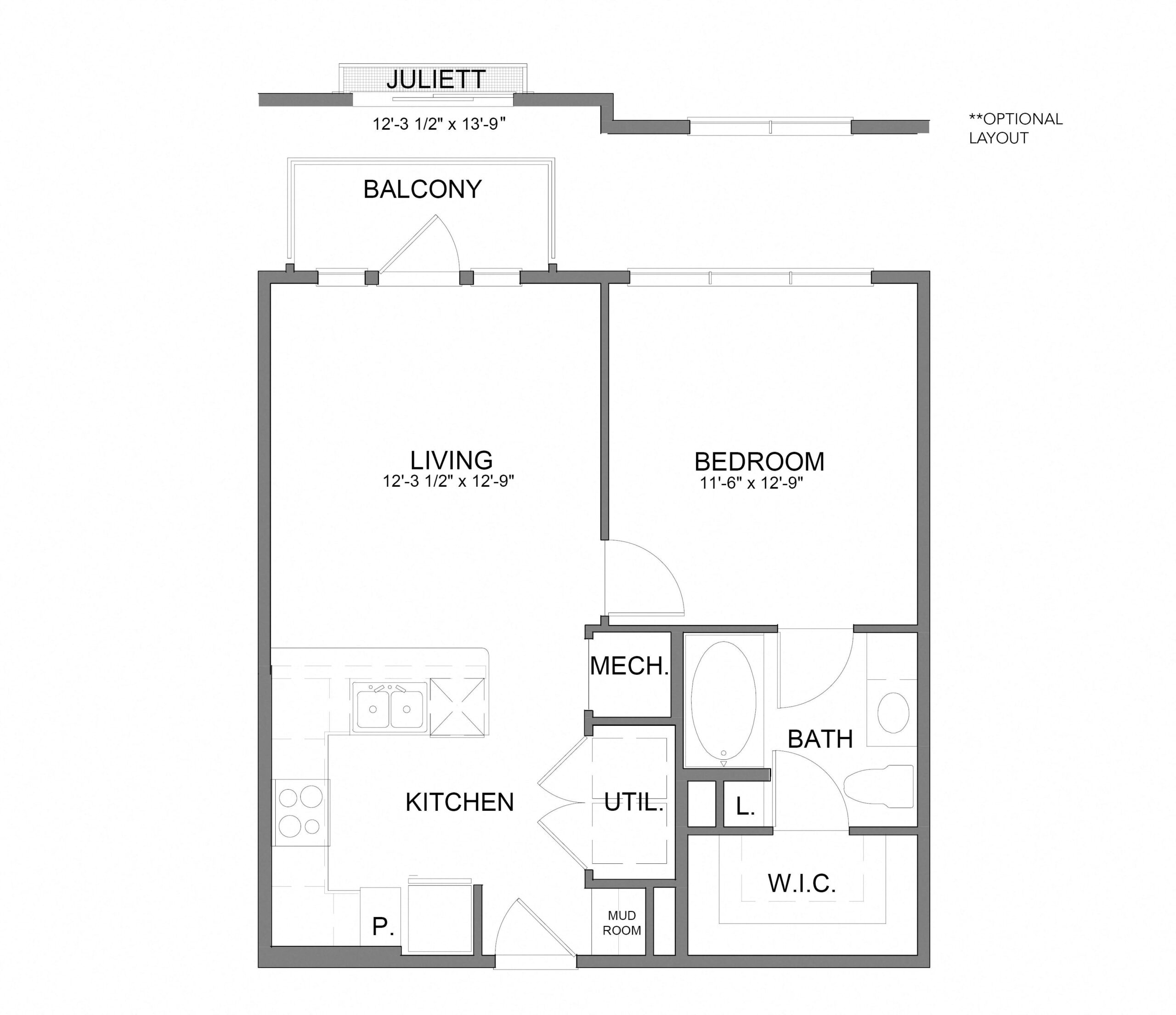 Rendering of the A2.1 floor plan with 1 bedroom[s] and 1 bathroom[s] at Hudson at Austin Ranch