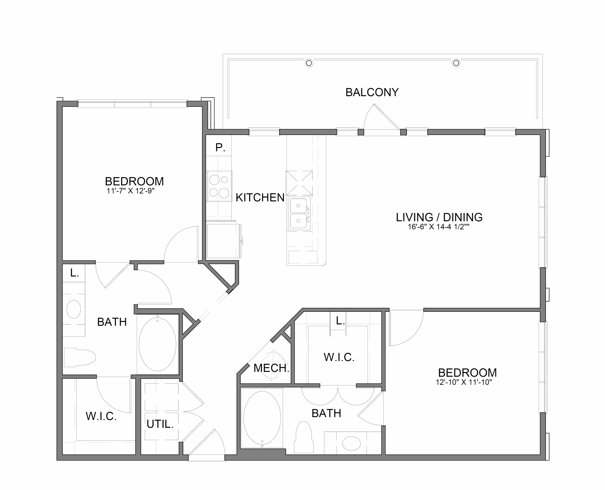 Rendering of the B2.1 floor plan with 2 bedroom[s] and 2 bathroom[s] at Hudson at Austin Ranch