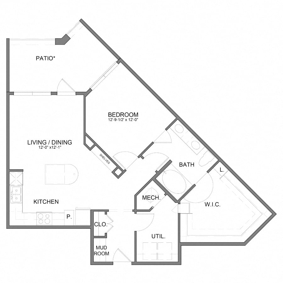 Rendering of the HHA9.4 floor plan with 1 bedroom[s] and 1 bathroom[s] at Hudson at Austin Ranch